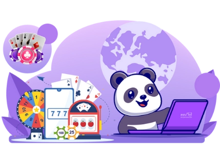 Playful panda cartoon enjoying online casino games, with a laptop and various casino symbols.