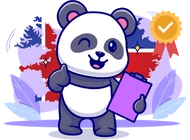 A cute panda winking and giving a thumbs up, holding a clipboard. The flag of Iceland is visible in the background with a gold medal and checkmark.