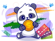 Happy panda with coin, credit cards, India flag