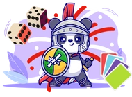 A cute panda dressed as a Roman gladiator, holding a shield and sword. Dice and playing cards are scattered around.