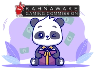 A cute panda is winking and holding a gift box. The Kahnawake Gaming Commission logo is in the background, and there are dollar bills falling around the panda.