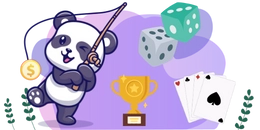 Panda fishing for a gold coin, with dice, a trophy, and playing cards in the background.