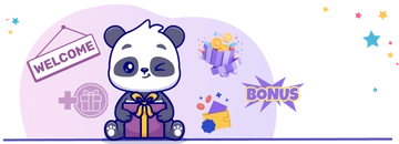 Panda holding a gift box with a welcome sign in the background, surrounded by stars and bonus signs.