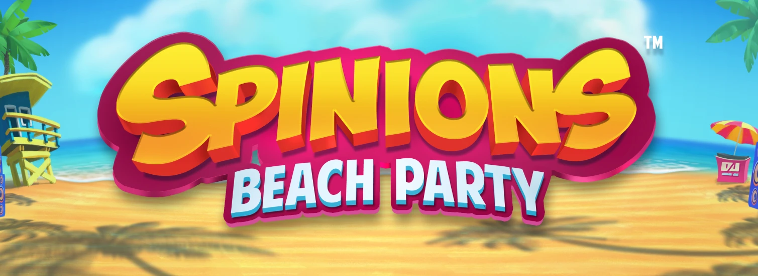 A beach scene with a lifeguard tower, umbrellas, and the title "SPINIONS BEACH PARTY" in colorful, playful letters.