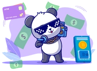 Panda wearing sunglasses and headphones, holding a boombox. There are credit cards, money, and a smartphone with a Bitcoin logo in the background.