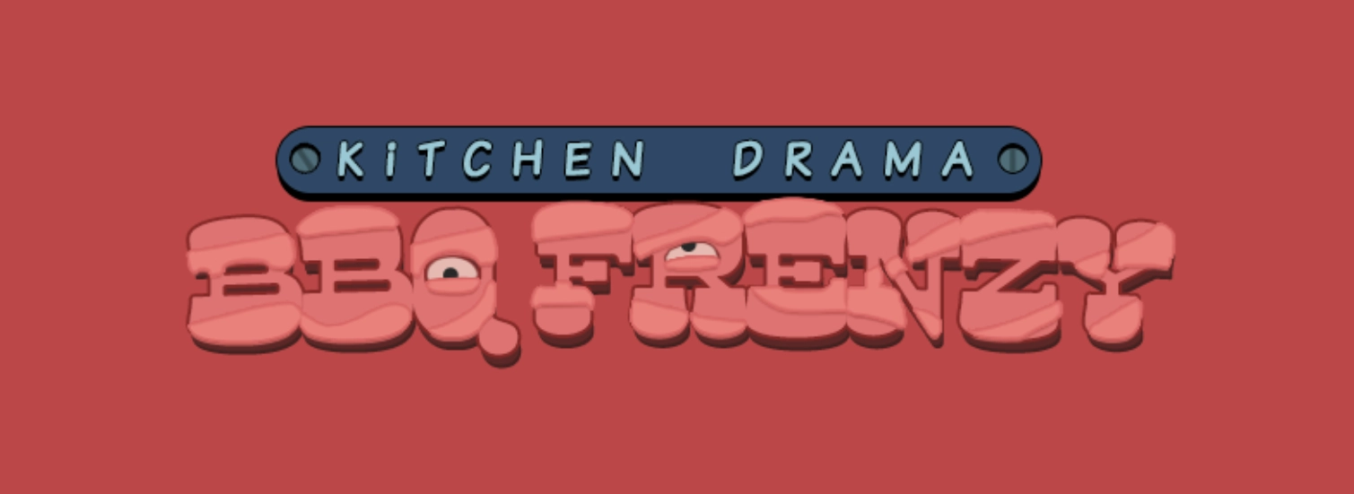 Logo for Kitchen Drama: BBQ Frenzy, featuring playful, meat-styled text with cartoonish eyes, set against a solid red background.