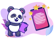 A cute panda is winking and giving a thumbs up, holding a clipboard. A smartphone with a high rating is next to it.