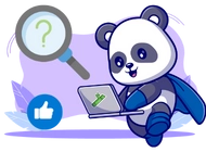 A cute panda wearing a superhero cape, using a laptop with a bamboo symbol. There is a magnifying glass with a question mark and a thumbs-up icon in the background.