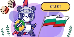 A panda dressed as a Roman gladiator, holding a shield and sword. Dice and two Bulgarian flags are in the background. There's a "START" button in the corner.