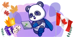 A panda superhero wearing a cape, using a laptop. There's a Canadian flag, dice, and a crown in the background.