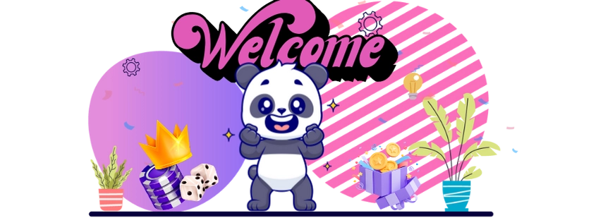 Cute panda cartoon character welcoming visitors, surrounded by casino-related icons and a welcome sign.