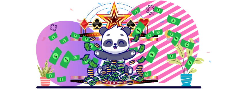 Cute panda cartoon character sitting on a pile of money, with casino symbols and money falling from the sky, suggesting a big win.