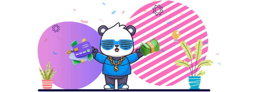 Cool panda cartoon character wearing sunglasses and a gold chain, holding a credit card and cash, suggesting a focus on online payments and transactions.