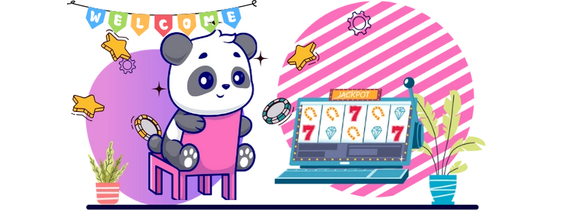 Playful panda cartoon enjoying casino games, with a slot machine and a "WELCOME" banner.