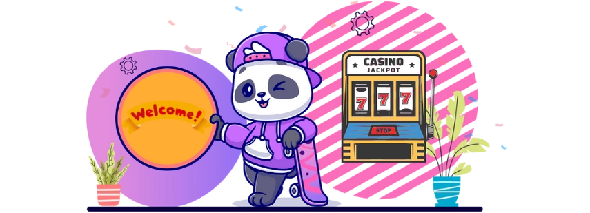 Cute panda cartoon character holding a welcome sign, with a skateboard and a casino jackpot slot machine, suggesting a fun and welcoming casino experience.