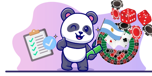 Playful panda cartoon celebrating Argentine online casinos, with casino symbols, a checklist, and the Argentinian flag.