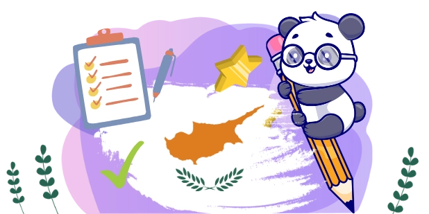 Cute panda cartoon character wearing glasses, holding a pencil and standing next to a checklist and the Cyprus flag, suggesting a focus on quality assurance and regulation.