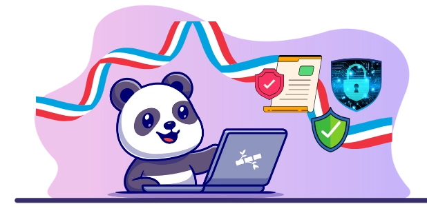 Cute panda cartoon character working on a laptop, with security shields, a document, and the Luxembourg flag, suggesting a focus on online security and privacy.