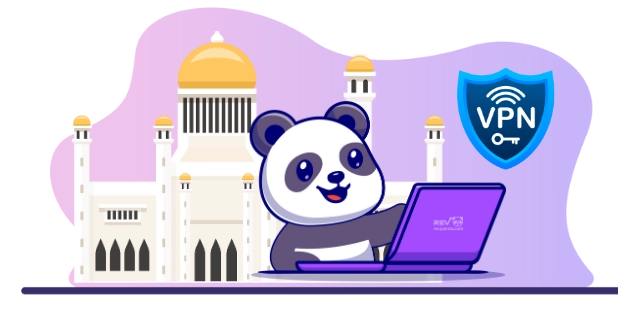 Happy panda cartoon character enjoying a secure online experience, with a laptop, a VPN symbol, and a mosque in the background.