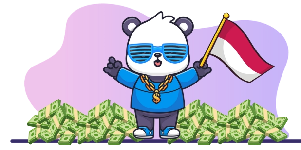 Cool panda cartoon character wearing sunglasses and a gold chain, holding the Monaco flag and standing on a pile of money, suggesting a focus on wealth and prosperity in Monaco.