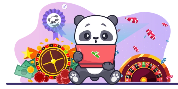 Cute panda cartoon character sitting with a laptop, surrounded by casino symbols like