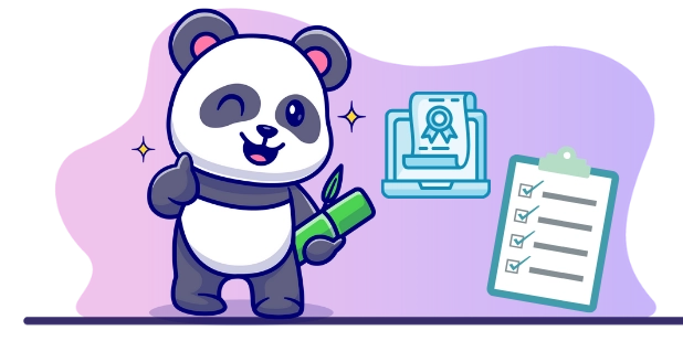 A cute panda holding a bamboo stick is giving a thumbs up. In the background, there's a laptop with a certificate on the screen and a clipboard with a checklist.