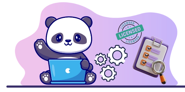 Cute panda cartoon character working on a laptop, surrounded by gears, a checklist, and a magnifying glass, suggesting a focus on quality assurance and regulatory compliance.