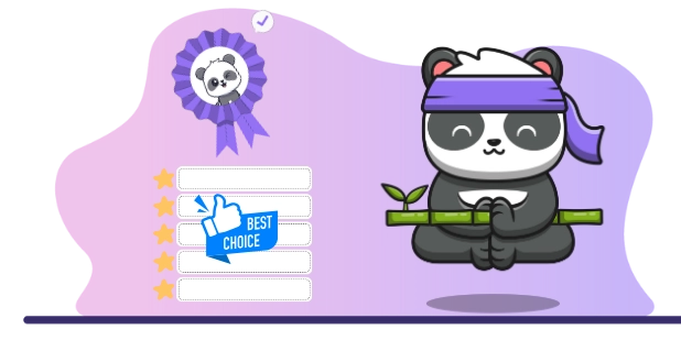 Cute panda cartoon character meditating on a bamboo stick, with a medal and five stars, suggesting a focus on quality and customer satisfaction.