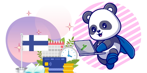 Cute panda cartoon character wearing a superhero cape, using a laptop with a Finnish flag, surrounded by a calendar, a stopwatch, a credit card, and coins, suggesting a focus on time management and financial planning.