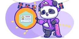 A cool panda wearing a purple hoodie, holding a skateboard and a certificate in a circle. The Icelandic flag is repeated in the background.