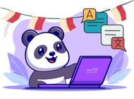 A cute panda sitting at a laptop, with Indonesian flags and language icons in the background.