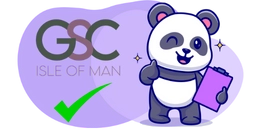 A cute panda is giving a thumbs up and holding a clipboard. The text "GSC" and "Isle of Man" is visible, along with a green checkmark.