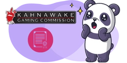 A surprised panda is looking at a document with a magnifying glass. The Kahnawake Gaming Commission logo is in the background.