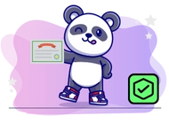 Panda wearing sneakers, holding a certificate and winking. There is a green checkmark in a square in the corner.