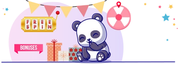 Panda sitting with a pile of gifts, next to a free spin slot machine and a bonus sign.