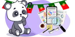 A confused panda sitting with a question mark above its head, surrounded by Portuguese flags, documents, charts, a magnifying glass, and office supplies.