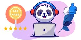 A cute panda wearing headphones is sitting at a laptop, giving a thumbs up. A lollipop with the text "TAX FREE" is in the background, along with a five-star rating.