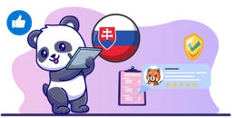 Panda holding a tablet, with a Slovak flag, a thumbs-up emoji, and a customer review in the background.