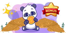 Cute panda eating a gold coin with a "BONUS" star in the background