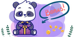 A cute panda winking, holding a gift box with a yellow ribbon. There are coins scattered around and a speech bubble that says "Bonus!".