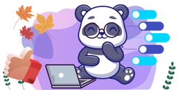 A cute panda wearing glasses, sitting on the floor with a laptop. There are options and a thumbs-up icon in the background.