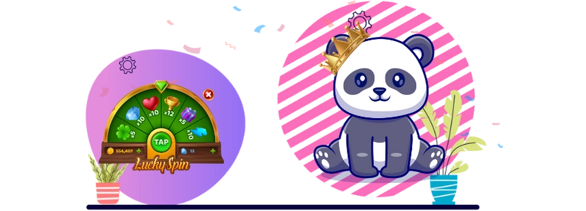 Playful panda cartoon celebrating a win, with a spinning wheel and a crown.