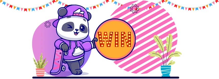 Cool panda cartoon character wearing a cap and hoodie, holding a skateboard and a "WIN" sign, suggesting a celebration of victory.