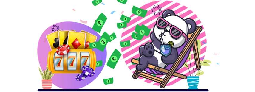 Playful panda cartoon enjoying a casino win, relaxing on a beach chair with money and a slot machine.