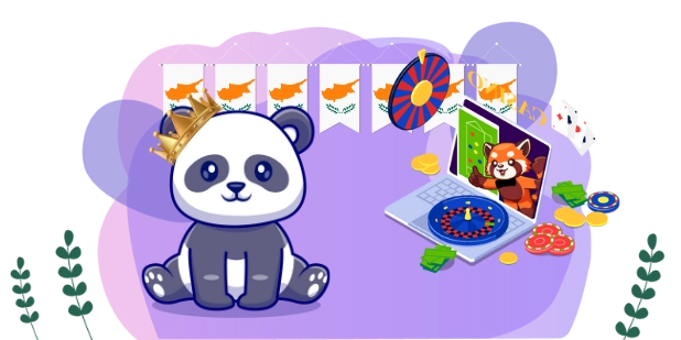 Playful panda cartoon celebrating a casino win, with a laptop, casino symbols, and Cyprus flags.