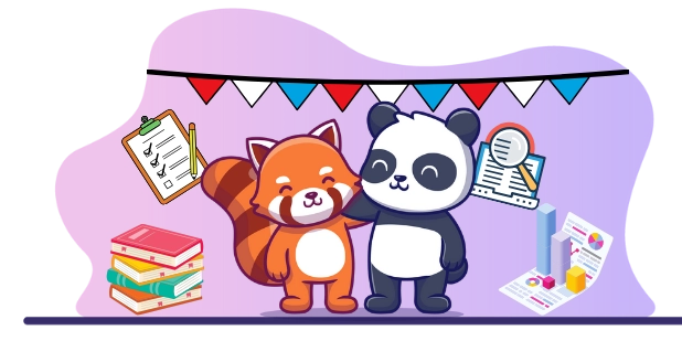 Two cute animal friends, a panda and a red panda, working together on a project, with books, a clipboard, and data analysis tools.