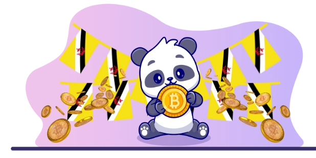 Cute panda cartoon character holding a Bitcoin, surrounded by Brunei flags and falling coins, suggesting a focus on cryptocurrency in Brunei.