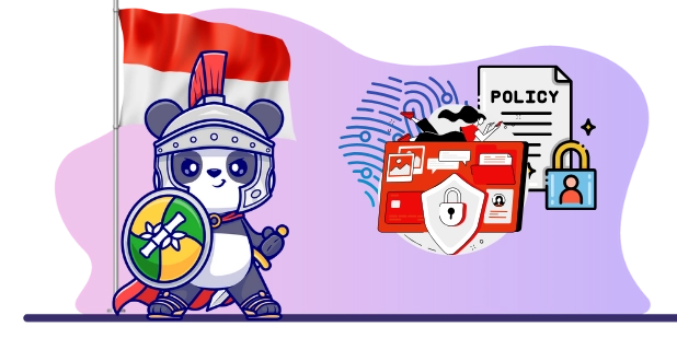 Happy panda cartoon character ensuring online safety, with a shield, a flag, and a "Policy" document.