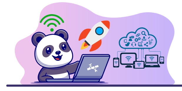 Happy panda cartoon character enjoying the benefits of technology, with a laptop, a rocket, and cloud computing icons.