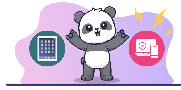 Happy panda cartoon character enjoying the benefits of cross-platform compatibility, with a tablet and a laptop.